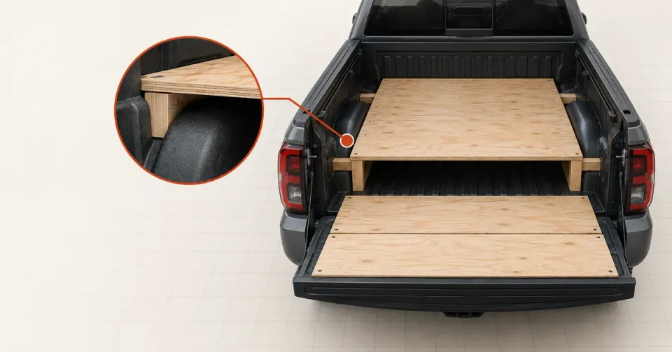 What supports plywood above the wheel wells in a 5-foot Tacoma bed?